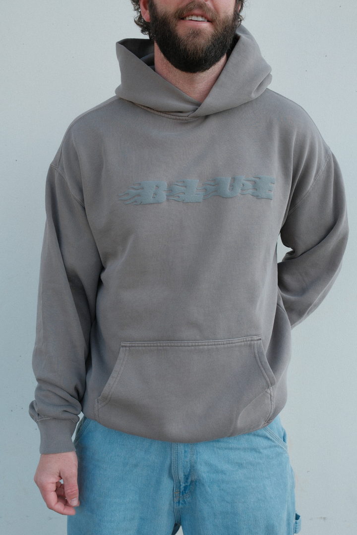 BLUE Flame Hoodie, Faded Grey
