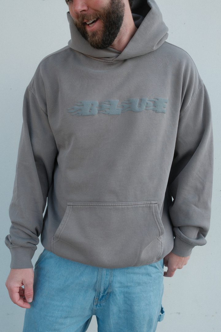 BLUE Flame Hoodie, Faded Grey