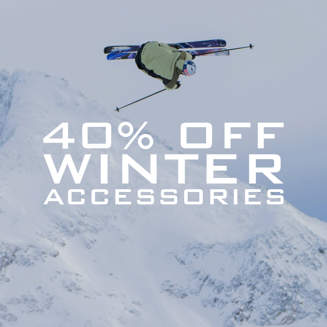 Person skiing with promotional text '40% OFF WINTER ACCESSORIES' on a snowy mountain background